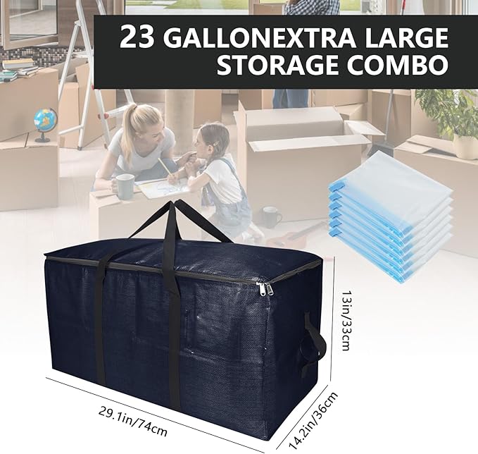 Foldable Moving Bags Extra Large Storage Bags Set Heavy Duty Moving Totes with Strong Handles & Zippers, Waterproof Dual-Way Carrying Design, (Dark Blue, 16 Park-6 Moving bag & 10 Vacuum Seal Bag)