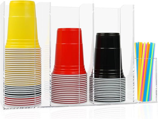 4 Compartments Acrylic Cup and Lid Holder, Clear Disposable Coffee Cup Holder Organizer,Cup Dispenser for Kitchen Bar Shop Party Supplies-NeatNest