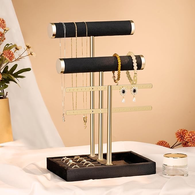 3 Tier Bracelet Holder Display - Detachable T Bar Black Velvet Bracelet Holder, Jewelry Holder Organizer for Bracelet, Necklace, Earrings, Rings
