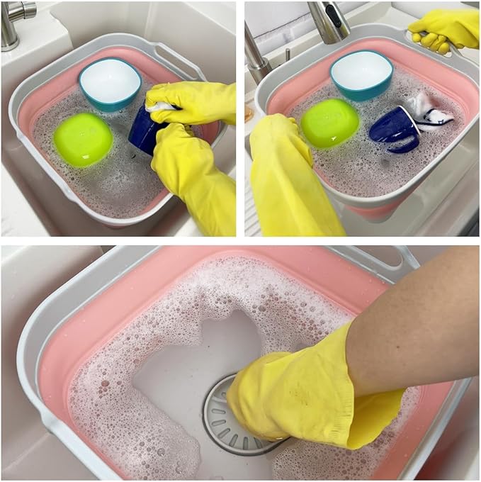 SAMMART 10L (2.64 Gallon) Collapsible Dishpan with Draining Plug-Foldable Washing Basin-Portable Dish Washing Tub-Space Saving Kitchen Storage Tray for Camping & RV (1, Grey/Quartz Pink)