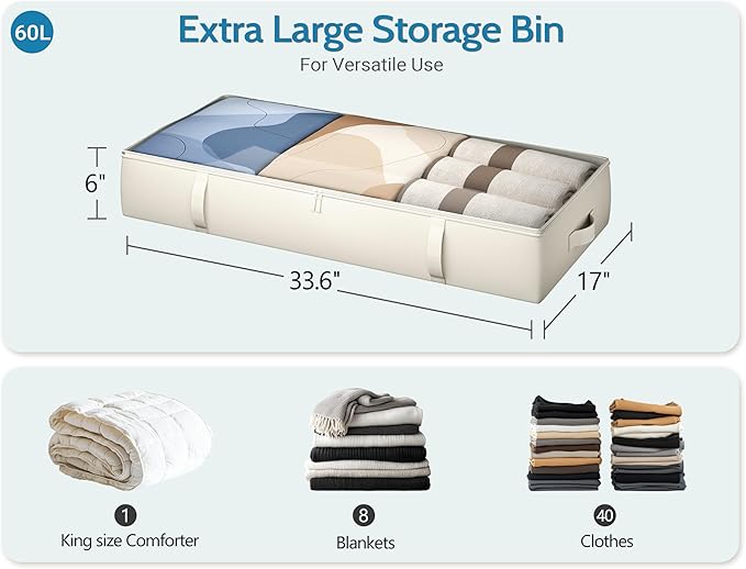 2-Pack Under Bed Storage, 6 Inches Tall Closet Organizers and Storage Bins with Sturdy Sidewalls/Bottom/4 Handles, Beige-NeatNest