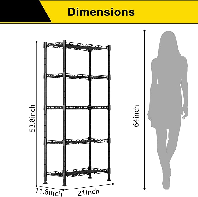 GIOTORENT 5-Wire Garage Shelving Storage Shelves, Kitchen Storage Adjustable Shelf, Metal Shelves 500Lbs Capacity 21" L x 11.8" W x 53.8" H for Laundry Bathroom Pantry Closet, Black