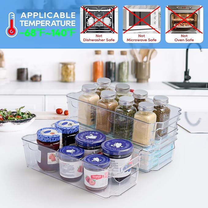 JollyPack 8 Pack Clear Plastic Storage Bins, Pantry Organizers and Storage with Handles, Clear Storage Containers for Fridge, Kitchen, Cabinet, Bathroom and Office