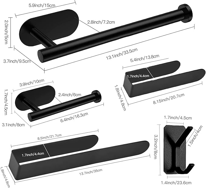 HUFEEOH Adhesive Bathroom Accessories Set, 6 Piece Bathroom Hardware Set Towel Racks for Bathroom Wall Mounted Black Towel Bar Set