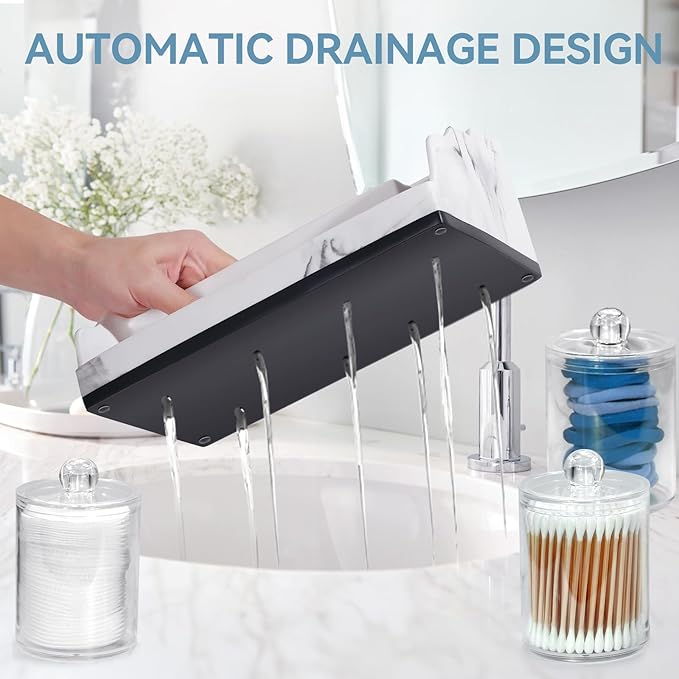 Bathroom Counter Organizer with 3PCS Qtip Holder, Marble Toothbrush Holders for Bathrooms, Bathroom Organizers and Storage with Drain Holes, Electric Toothbrush Holder, Vanity Organizer