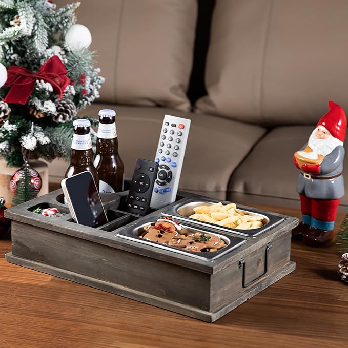 MyGift Vintage Gray Wood Beverage and Snack Server with Remote Control Holder for Living Room, Coffee Table, Caddy for Snacks, Drinks, Remote Control Organizer, TV Tray-NeatNest