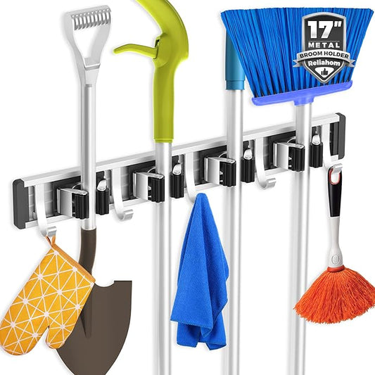 Broom Holder Wall Mount Mop and Broom Hanger Wall Mounted Garage Storage Rack Kitchen Garden Tool Organizer (4 Racks with 5 Hooks, Black)-NeatNest