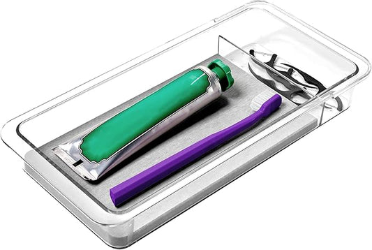 madesmart Dental Tray Drawer Organizer with Drying Stone, Clear Plastic Drawer Organizer for Toothbrush, Dental Floss, Water Flossers, Toothpaste-NeatNest