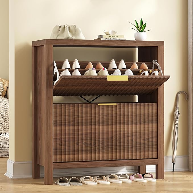 Shoe Cabinet Storage for Entryway, Fluted Shoe Cabinet with 2 Flip Drawers, Hidden Shoe Rack Tall Freestanding Shoe Organizer with Legs for Hallway, Walnut-NeatNest