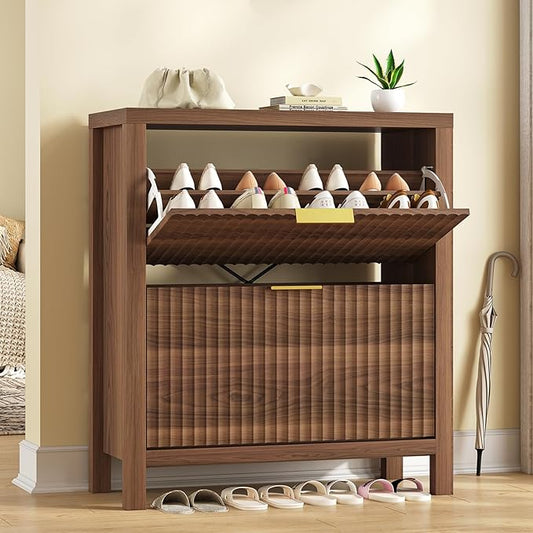 Shoe Cabinet Storage for Entryway, Fluted Shoe Cabinet with 2 Flip Drawers, Hidden Shoe Rack Tall Freestanding Shoe Organizer with Legs for Hallway, Walnut-NeatNest