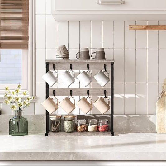 Coffee Mug Holder for Counter, 2 Tier Mug Tree Rack, with 8 Hook and 2 Open Shelves, Vintage Mug Holder Stand for Home Kitchen, Greige MH43BG-NeatNest