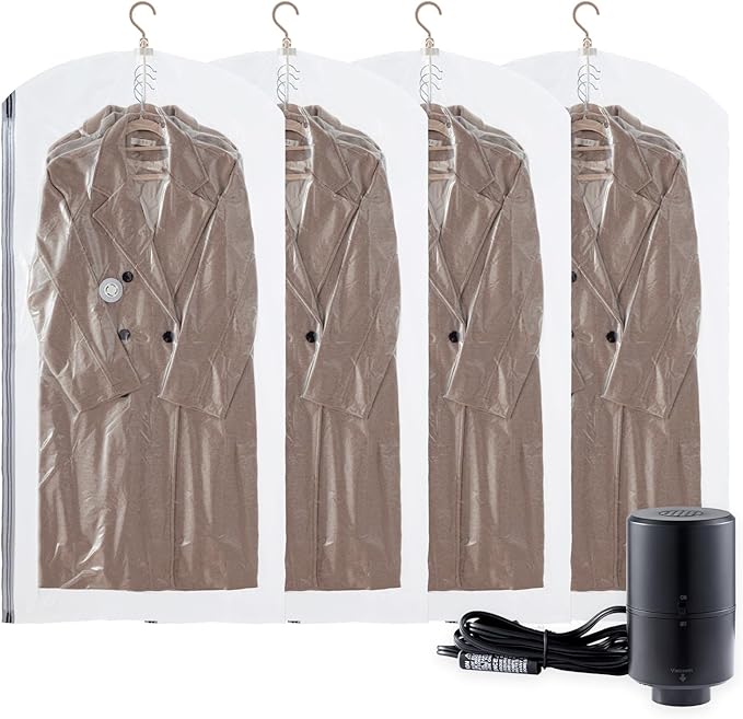 Hanging Vacuum Storage Bags with Electric Pump, 4 Pack (53 x27.5 inch), Vacuum Seal Bags for Clothing, Garment Storage for Short Jacket, Suits, Dresses, Closet Organizer Space Saving-NeatNest