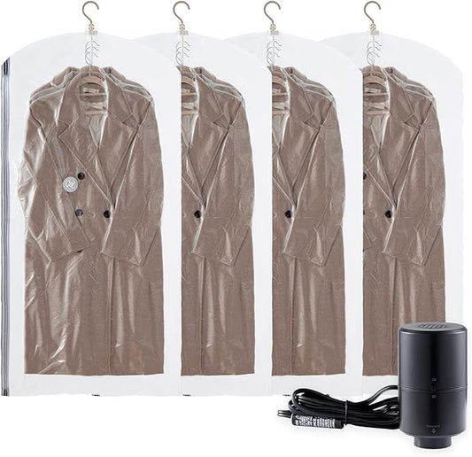 Hanging Vacuum Storage Bags with Electric Pump, 4 Pack (53 x27.5 inch), Vacuum Seal Bags for Clothing, Garment Storage for Short Jacket, Suits, Dresses, Closet Organizer Space Saving-NeatNest