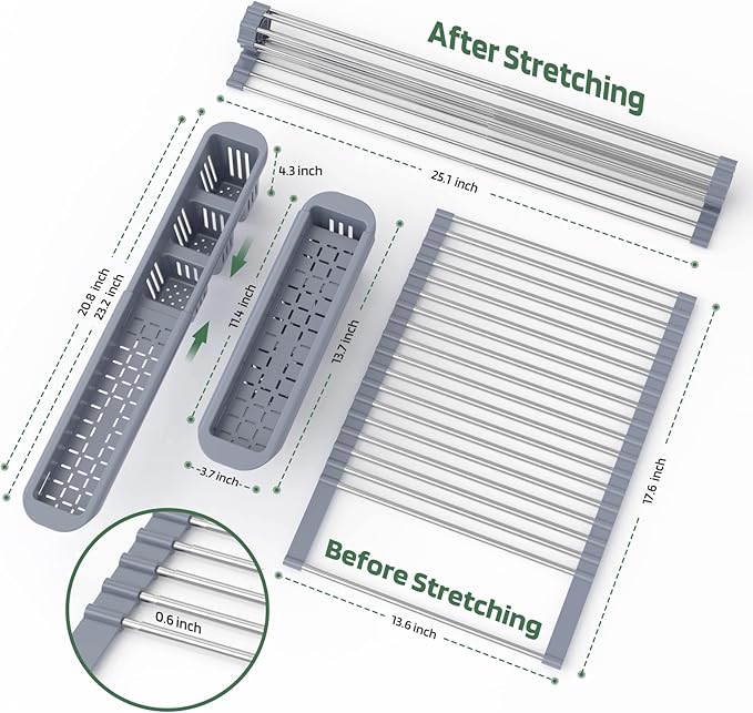 BBXTYLY Stainless Steel Extra Large Gray Drying Rack, Over The Sink, Expandable Roll Up Kitchen Drainer, Includes Removable Utensil Holder (13.6''-25.1'')