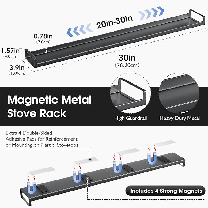 Bumusty 4X Strong Magnetic Shelf for Stove Top, 30" Adjustable Oven Shelf Spice Rack Over the Stove, Seasoning Organizer Kitchen Shelves, Matte Black-NeatNest