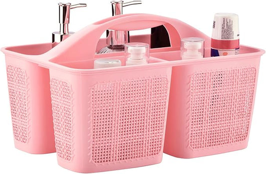 Plastic Pink Shower Caddy Basket, Divided Cleaning Portable Shower Basket with Handle Compartments Storage Organizer for Bathroom, College, Kitchen, Dorm Room Essentials