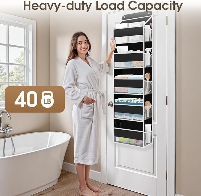 1 Pack Over The Door Organizer, Hanging Storage Organizer with Clear Window, 40lb Ultra Sturdy Large Capacity Room Organizer for Pantry Laundry Bathroom Nursery Closet (Black)-NeatNest