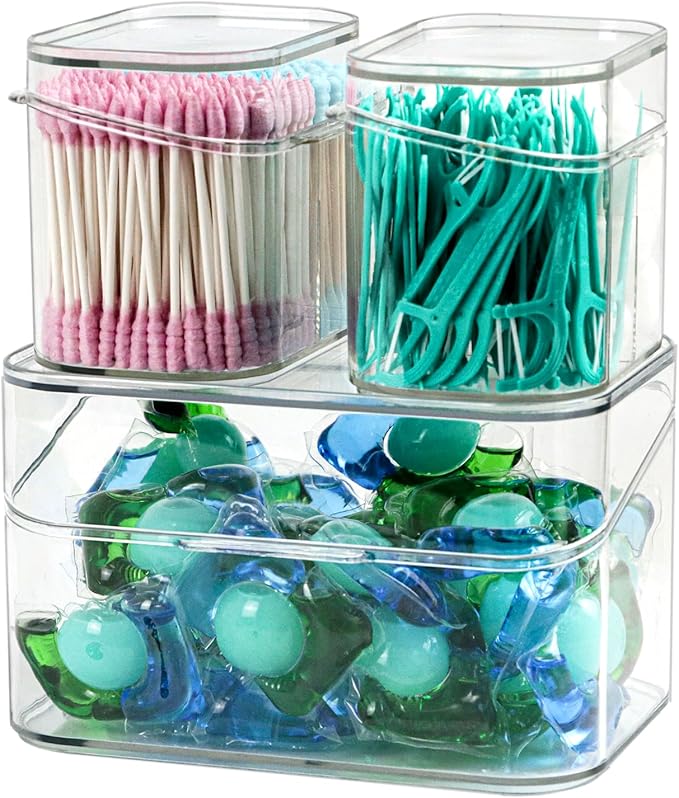 Clear Bathroom Organizer, 2-Size Essentials Set for Hail Accessories & Beauty Supplies,Cotton Swabs,Balls,Pads - Small Clear Plastic Canister Apothecary Jar Set, Vanity Makeup Storage Organizer (L+2S)-NeatNest