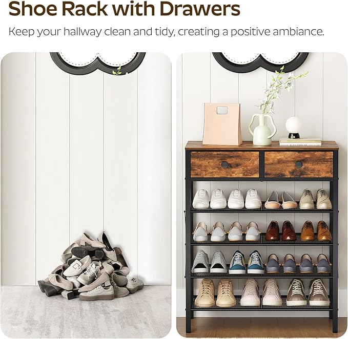 5 Tier Shoe Rack, Large Capacity Shoe Storage Organizer, Metal Shoe Shelf with Drawer and Wooden Top, for 20 Pairs of Shoes, for Entryway, Closet, Rustic Brown and Black SS25BRY1N1-NeatNest