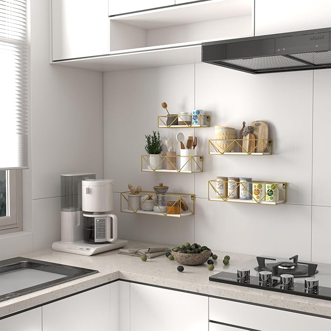 CRUGLA Gold Floating Shelves Wall Mounted Set of 5, Hanging Storage Floating Shelf for Bathroom, Kitchen, Bedroom, Living Room-NeatNest