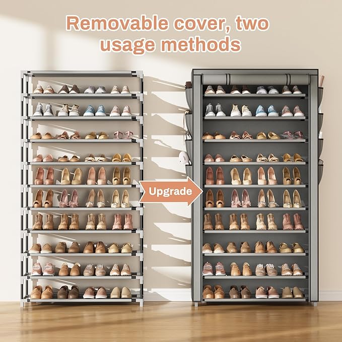 VTRIN Tall Shoe Rack with Cover, 10 Tier Shoe Organizer Storage for 50-55 Pairs Shoes and Boots Large Capacity Shoe Shelf with 8 Pockets Free Standing Shoe Rack for Closet, Entryway, Garage, Grey-NeatNest