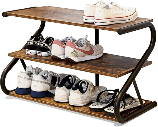 3-Tier Shoe Rack, Z-Frame Wooden Shoe Shelf with Durable Metal Shelves for Hallway, Living Room, Closet, Bedroom (Rustic)-NeatNest