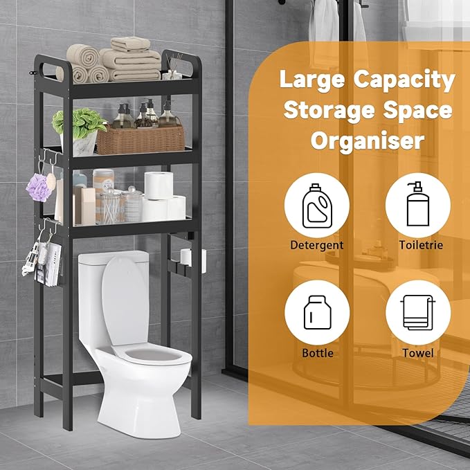 3 Tiers Over The Toilet Storage Shelf, Space Saver Bathroom Organizer Shelves with Toilet Paper Holder and Hooks, Freestanding Toilet Rack for Washroom Balcony (Black)