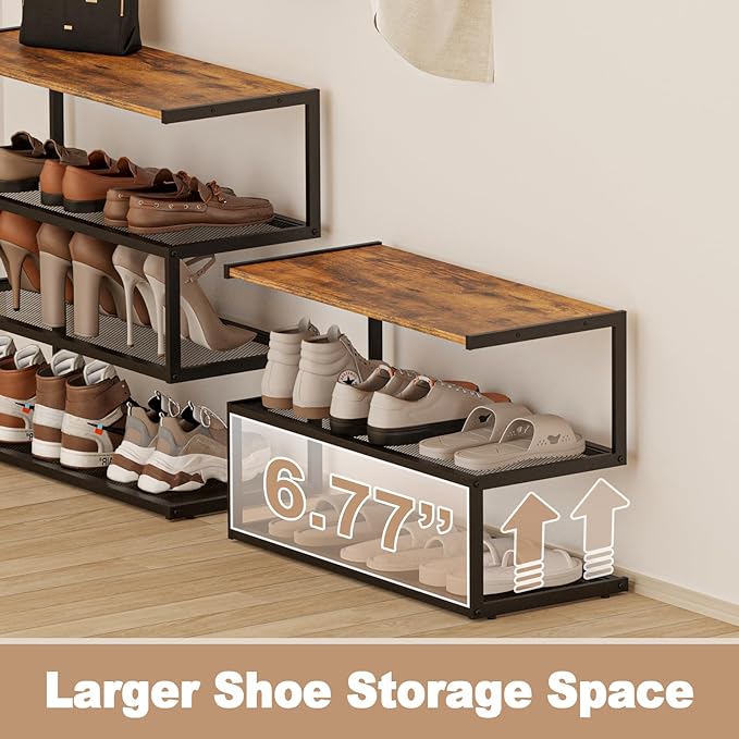 Shoe Rack, Unique 5-Shaped Free Standing Shoe Shelf, 3-Tier Wooden Shoe Organizer with Wooden Top and Steel Frame for Front Door Entrance, Entryway, Hallway, 24.41" D x 11.02" W x 16.14" H-NeatNest