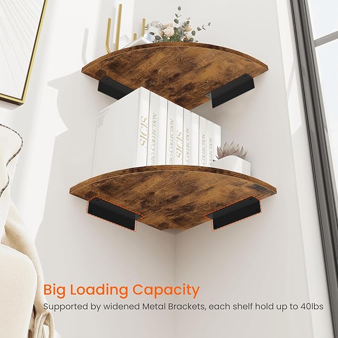 Homode Corner Shelf Wall Mount, 12 Inch Wood Floating Corner Shelves with Cord Hole, Set of 2 Large Corner Hanging Shelves for Bathroom Bedroom Kitchen, Rustic Brown