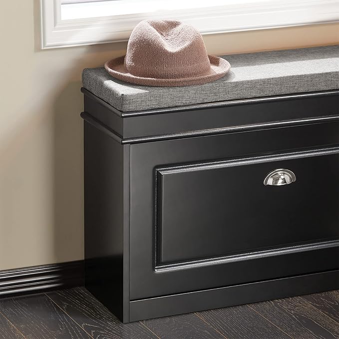 Haotian Shoe Storage Bench with Cushion, Black Narrow Shoe Rack for Entryway, Small Shoe Cabinet with 2 Tiers Flip-Drawer, Closet Hallway Mudroom FSR82-L-SCH-NeatNest