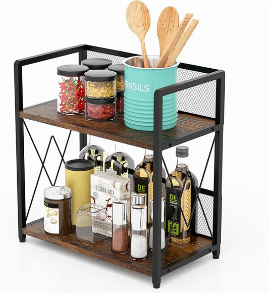 Aduanbang Coffee Bar Accessories Organizer, Seasoning Organizer, 2 Tier Wooden Kitchen Counter Shelf, Coffee Organizer Station for Countertop, Coffee Condiment Rack for Mugs, Cups, Cream, Syrup-NeatNest