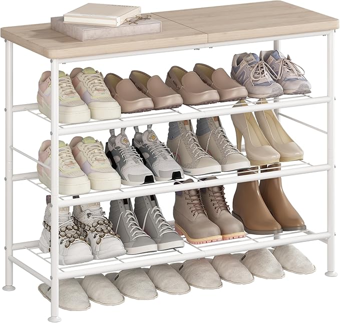 Shoe Rack Organizer 4 Tier for Closet Entryway Free Standing Metal Storage Shoe Shelf with MDF Top Board，White+Oak-NeatNest