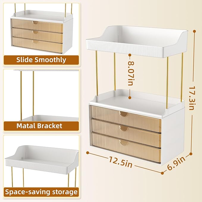 3 Drawers Makeup Organizer - 5 Tier Bathroom Organizers and Storage, Versatile Perfume Vanity Organizer, Ideal for Cosmetic, Large Skincare, Face Mask, Office Supplies, Amber-NeatNest