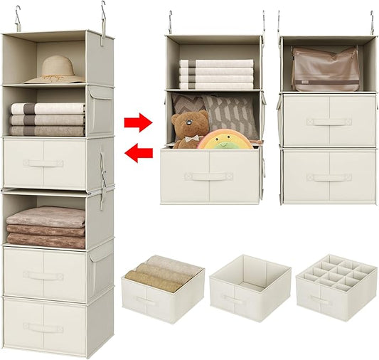 Vailando 6-Shelf Hanging Closet Organizer, 2 Separable 3-Shelf Hanging Shelves with 3 Drawers for Wardrobe, Nursery, Baby Clothes Organization and Storage, Beige-NeatNest