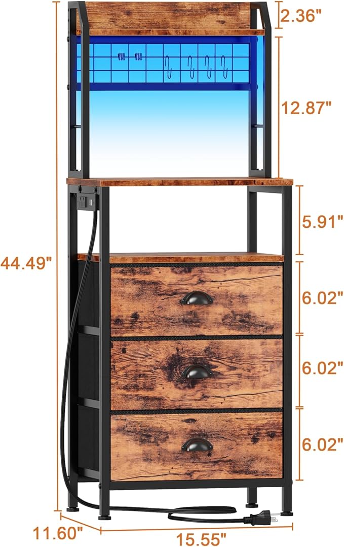Furologee 44'' Tall Nightstand with Charging Station, Bedside Table with LED Lights, End Table with 3 Drawers and Storage Shelves, Night Stand with Pegboard for Bedroom, Rustic Brown