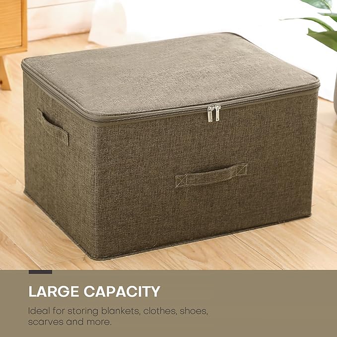 ANMINY Storage Bins with Zipper Lids 51.9 Qt Lidded Fabric Storage Boxes Baskets Cubes with Handles Collapsible Washable Cotton Linen Closet Shelf Clothes Organizer - Extra Large, Coffee-NeatNest