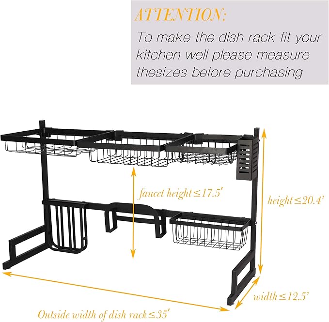 Dish Drying Rack Over The Sink, 2-Tier Dish Drainer Stainless Steel with Cutting Board and Sponge Holder, Space Saving Dish Drainer Rack for Kitchen Counter Organization and Storage, Black