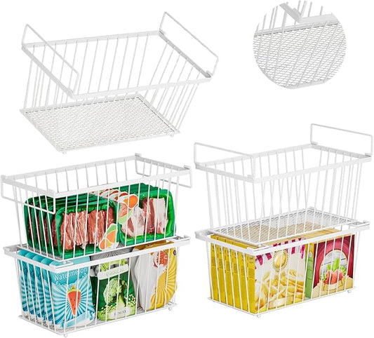 5 Pack Stackable Deep Freezer Organizer Bins ，Upgraded Bottom Leak-Proof net，Encryption and Hardening ， Freezer Organizer Bins for 7 Cu.FT Small Chest Freezer， Easy Get Bottom Foods