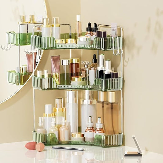 Makeup Organizer for Vanity 3-Tier Corner Bathroom Organizer Countertop with Hooks Bathroom Countertop Perfume Organizer Corner Bathroom Counter Corner Storage-Green-NeatNest