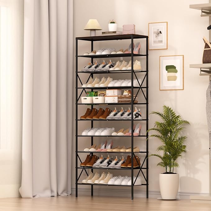 10-Tier Shoe Rack 40 Pairs, Space Saving Organizer for Entryway/Closet/Apartment, Industrial Metal Shelf with Rustic Brown Top-NeatNest