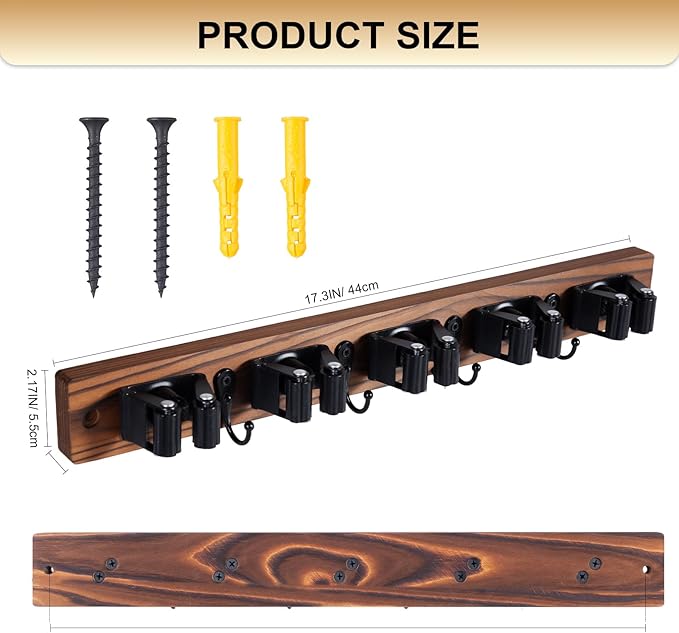 Broom Holder Wall Mount With 5 Slots & 4 Hooks，Rustic Wood Broom & Mop Hanger，Wall Mounted Garden & Garage Tool Storage Organizer Rack for Closet Laundry Room or Kitchen Wall Decor-NeatNest
