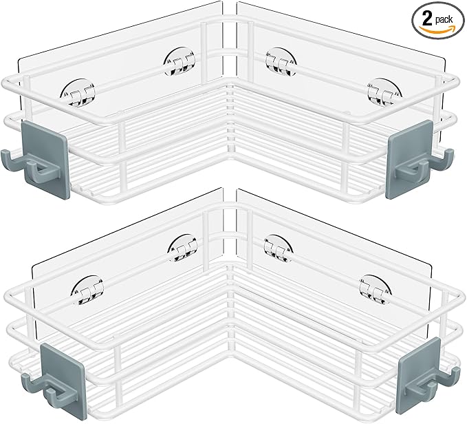 Nieifi Adhesive Corner Shower Caddy Shelf Basket Rack with Hooks, Rust Proof Stainless Steel Bathroom Shelf Shampoo Holder No Drilling (White)