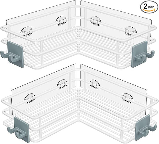 Nieifi Adhesive Corner Shower Caddy Shelf Basket Rack with Hooks, Rust Proof Stainless Steel Bathroom Shelf Shampoo Holder No Drilling (White)