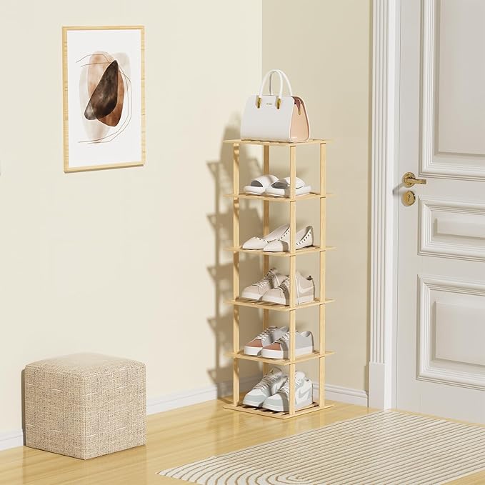 Bamboo Shoe Rack - Vertical Shoe Rack for Small Spaces, Skinny Shoe Shelf Space Saving Storage, Tall Vertical Narrow Shoe Rack for Front Door Entrance Closet Corner Garage-NeatNest