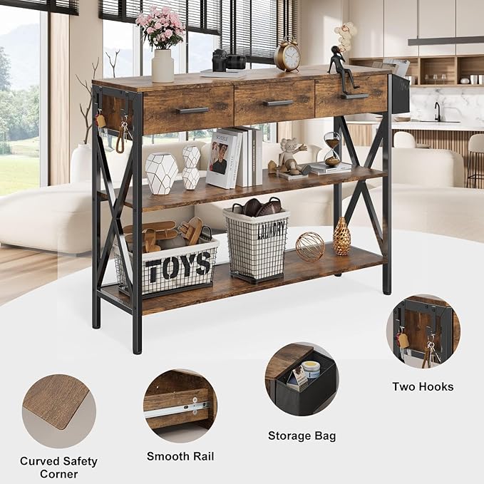 Gizoon 47" Entryway Table with 3 Drawers and 3 Tier Storage Shelves, Industrial Narrow Long Sofa Table, Farmhouse Style Console Table for Living Room, Hallway, Couch, Small Spaces - Rustic Brown-NeatNest