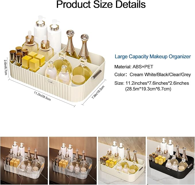 DASITON Large Capacity Makeup Organizer,12 Slots Makeup Brush Holder,Makeup Storage with Handle,Vintage Striped Cosmetic Organizer for Bathroom Countertops,Desk Storage Container(Cream)-NeatNest