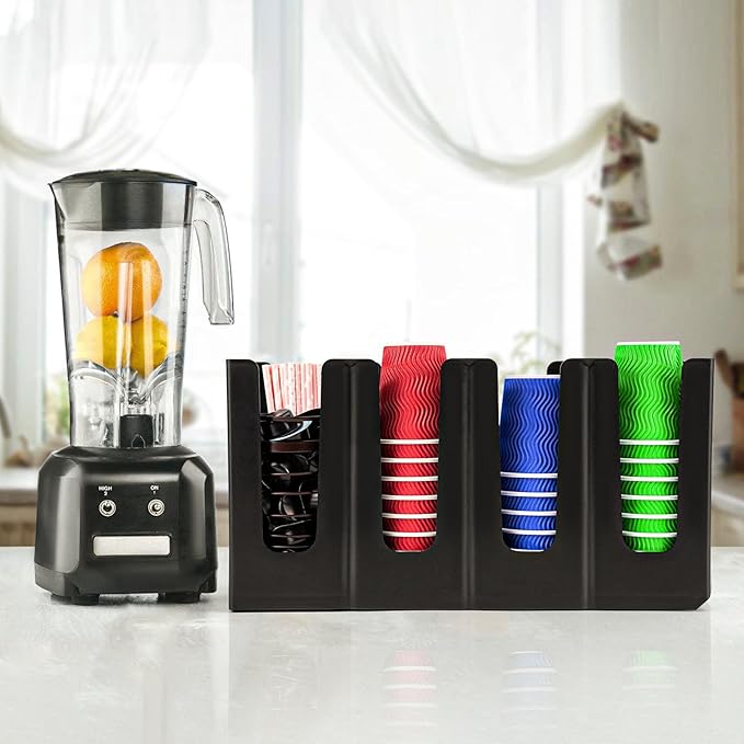 Coffee Cup and Lid Holder Organizer,Adjustable Dispenser with Coffee Pod and Straw Storage Basket, Disposable Cup Holder for Countertop-NeatNest