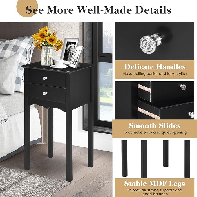 Giantex End Table w/ 2 Drawers Side Table Nightstand Multi-Purpose Accent Table Living Room Bedroom Home Furniture (1, Black)