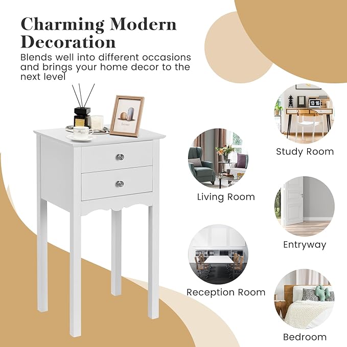 Giantex End Table w/ 2 Drawers Side Table Nightstand Multi-Purpose Accent Table Living Room Bedroom Home Furniture (1, White)