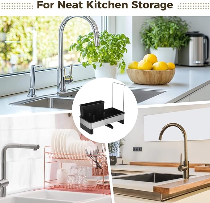 Kitchen Sink Organizer with Drain Tray, Stainless Steel and Plastic Sink Caddy, Adjustable Divider and Towel Rack, Includes Brush Holder and Non-Slip Base, Perfect for Kitchen Cleaning Tools